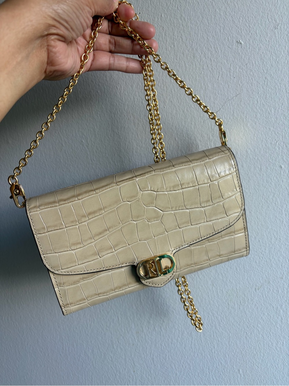 Ralph Lauren Cream Croc-Embossed Chain Crossbody Bag